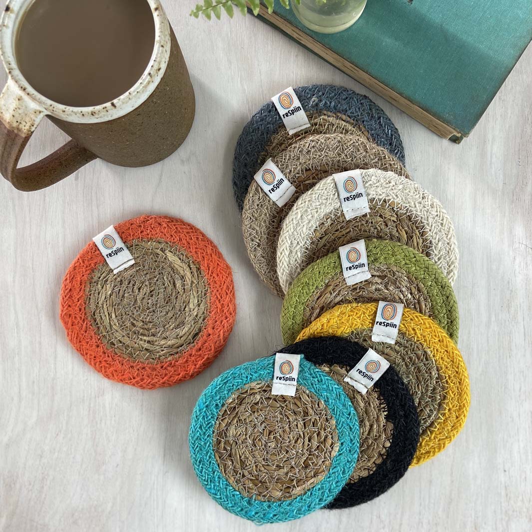 Seagrass & Jute Coaster in Natural/Turquoise