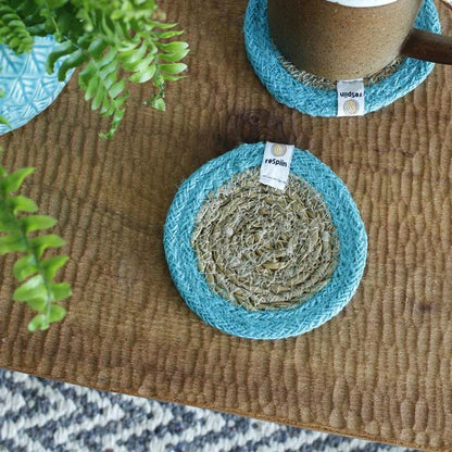 Seagrass & Jute Coaster in Natural/Turquoise