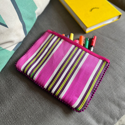 Recycled Woven Pom Pom Pouch in Fire